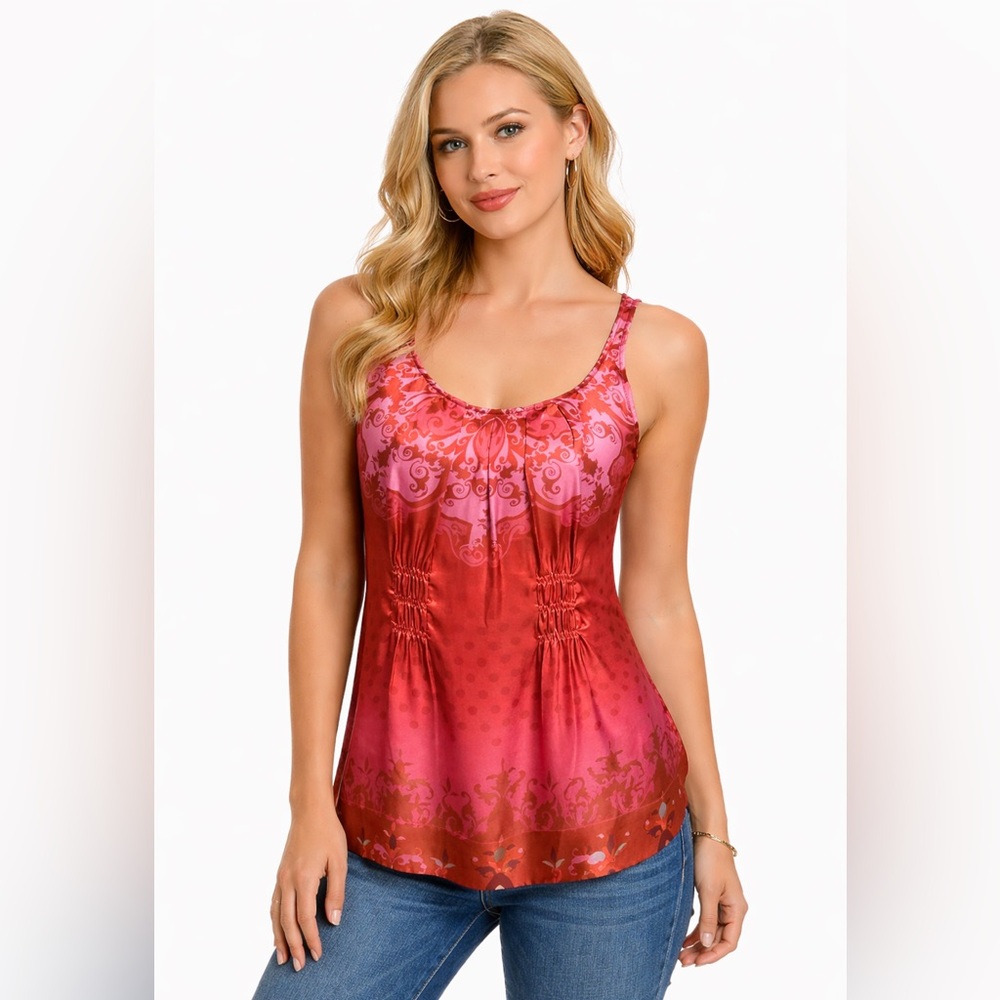 CAbi Sleeveless Silk Printed Tank Top Smocked Waist